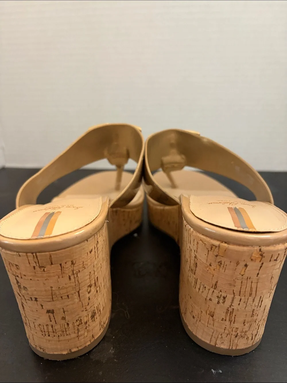 Sam Edelman Beige Patent Cork Wedge Thong Sandals with Gold Logo, Size 9